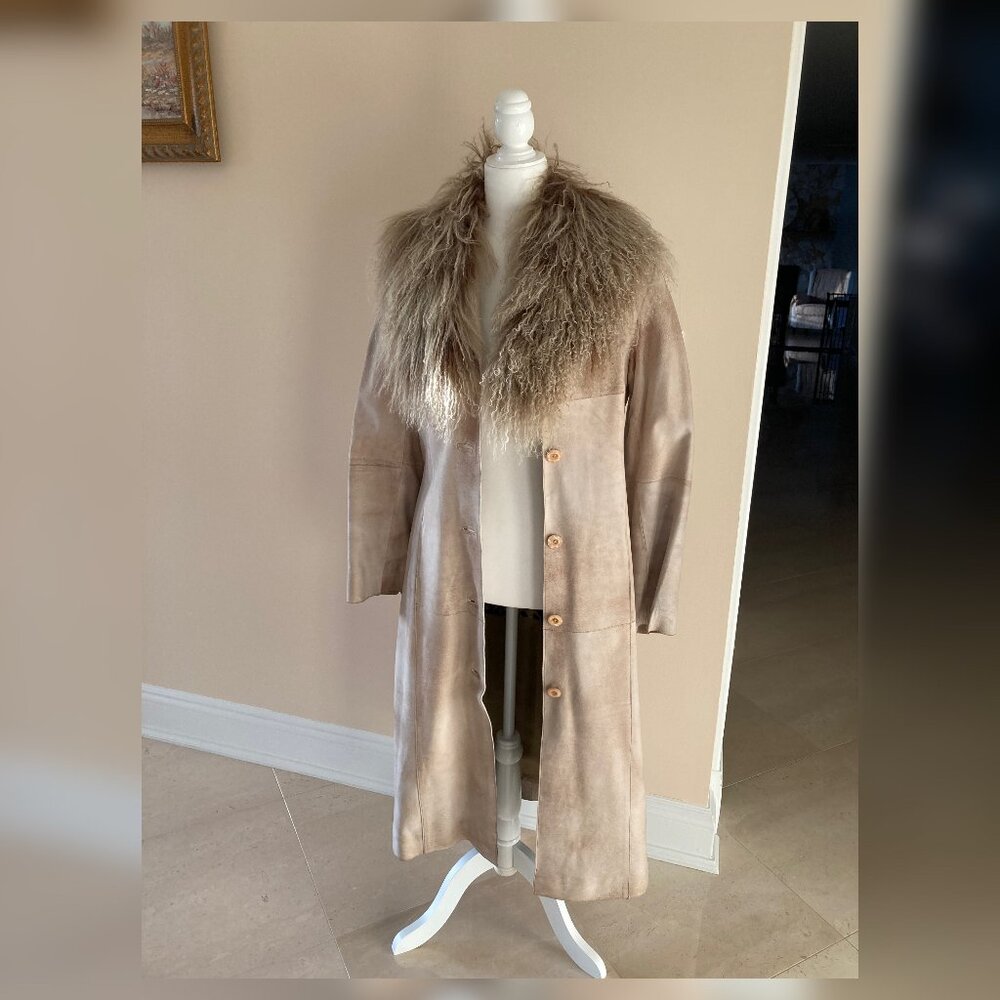 Genuine goat leather long coat with Mongolian fur